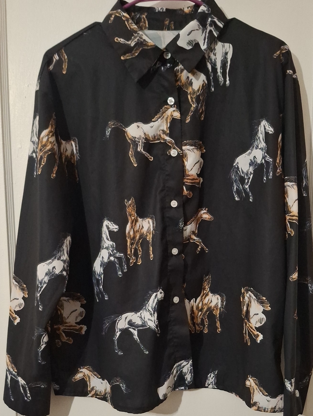 Women's Black Horse-Print Button-Up Shirt
